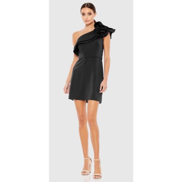 Ieena Mac Duggal Black One Shoulder Ruffle Mini Dress 10 NWT - Picture 1 of 8